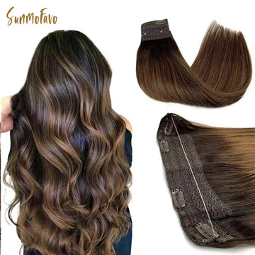 Wire in Hair Extensions Real Human Balayage Dark Brown To Chestnut Invisible