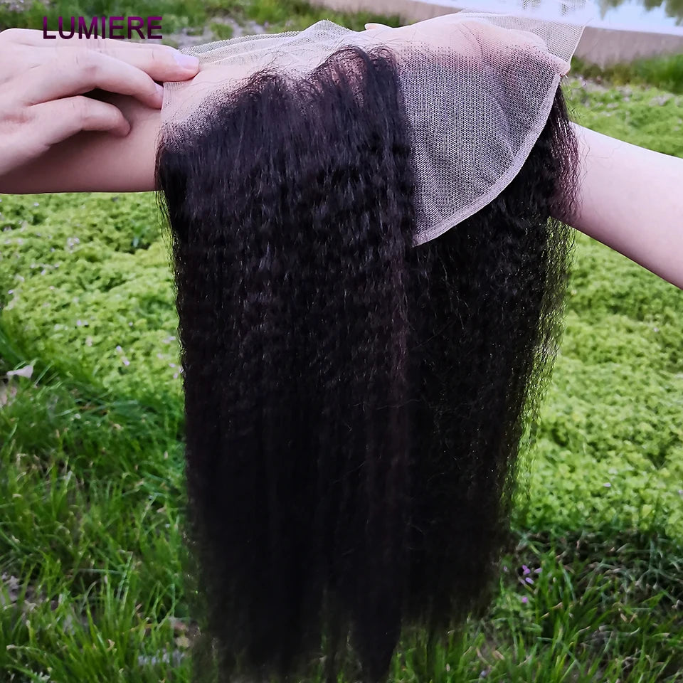 Kinky Yaki Straight Human Hair Bundles Closure Frontal HD Transparent Brazilian Deep