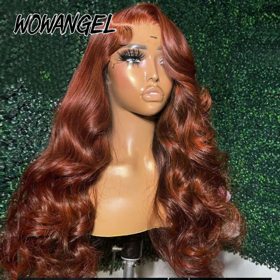 Reddish Brown Body Wave Human Hair 13x6 HD Lace Frontal Wig, 250% Density, Pre-Cut, Copper Red