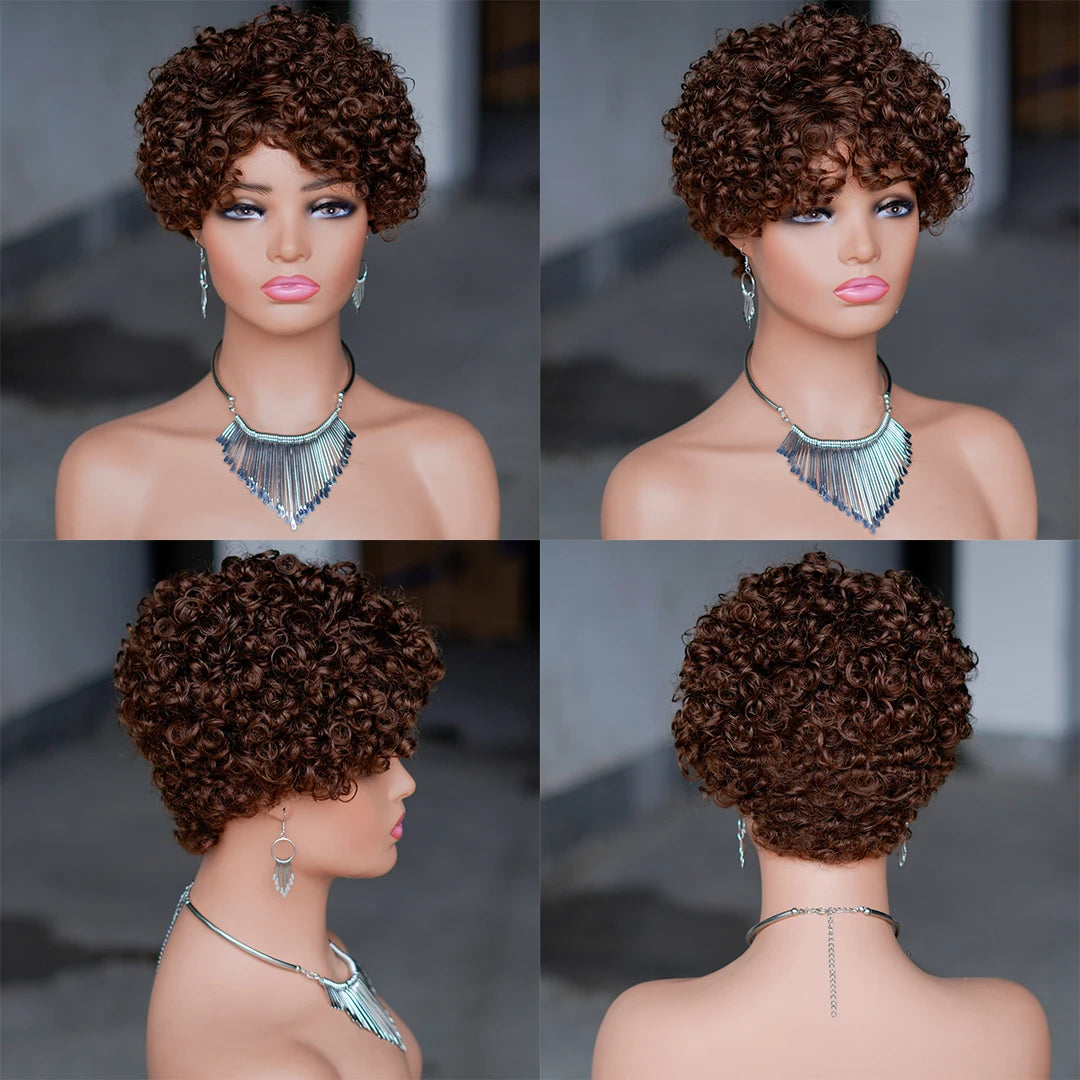99J Red Rose Curly Short Bob Pixie Cut Human Hair Wig Ombre