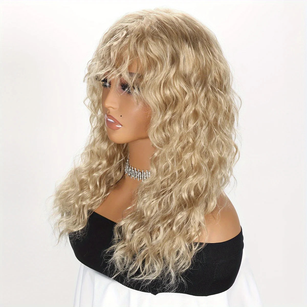 Golden Long Curly Wavy Women's Wig with Bangs, Synthetic Fiber Full Head Wig for Halloween Party