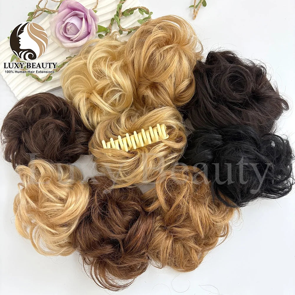 Brown Curly Claw Clip Messy Bun Ponytail Human Hair Extensions Black Blonde