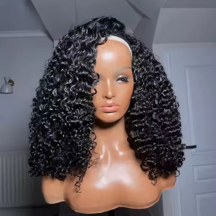 Afro Kinky Curly Human Hair Headband Wig — Glueless 3-in-1 Half Wig, 300% Density
