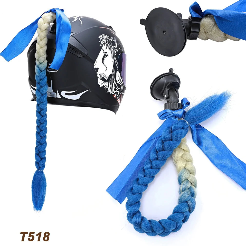 Synthetic Helmet Pigtails Gradient Ramp Braids Ponytail Hair Suction Cup Bowknot Motor