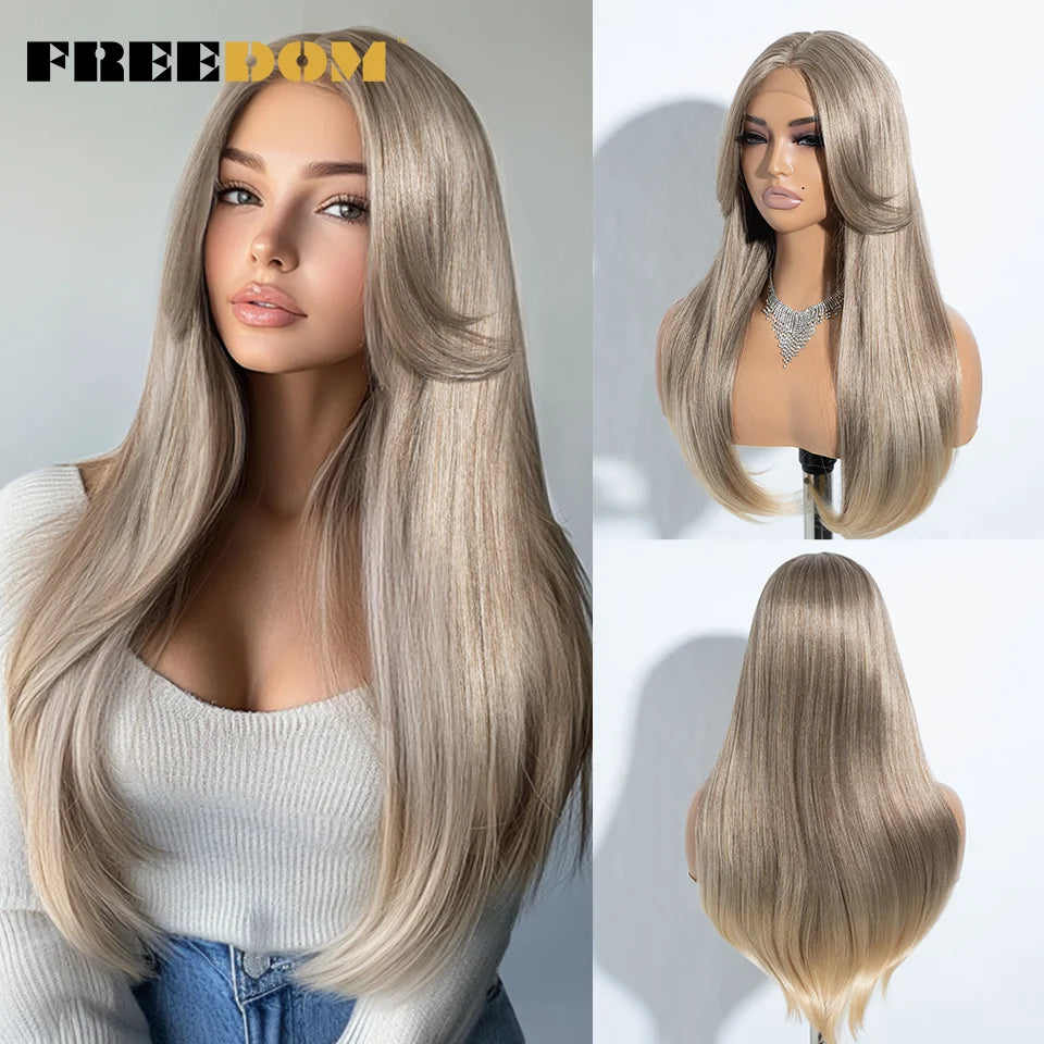 Straight Synthetic Lace Front Wigs Long Bangs Ombre Brown Blonde Highlight Cosplay