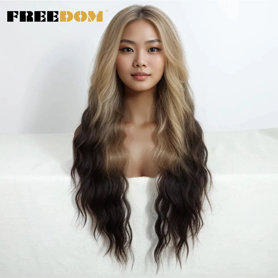 Curly Synthetic Lace Front Wigs Soft Wavy Ombre Blonde Ginger Highlight Cosplay