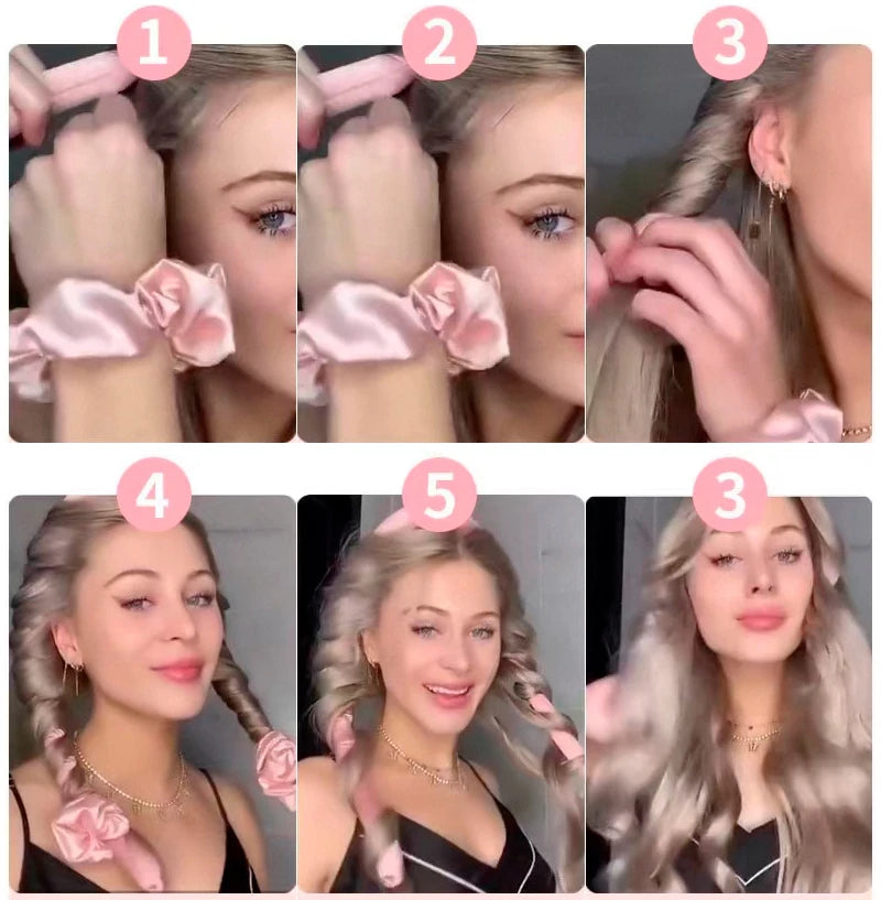 4Pcs Heatless Curling Rod Headband, Styling Kit with Hair Clip，Ribbon Rollers，