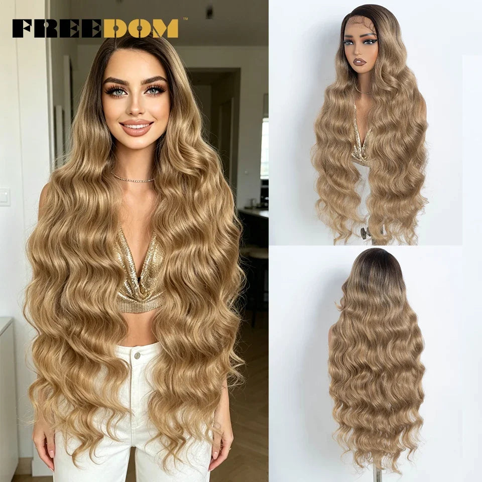 36" Long Wavy Synthetic Lace Front Wigs Ombre Brown Blonde Body Wave