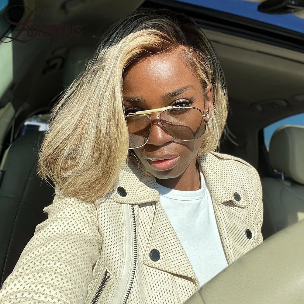 Ombre Honey Blonde Short Bob Human Hair Lace Wig, 13x6 and 13x4