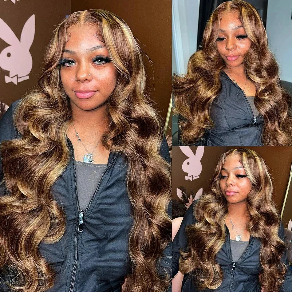 180% Density Brown Roots Ash Blonde Body Wave Lace Frontal Wig, 13x4, Ombre, Synthetic Blend