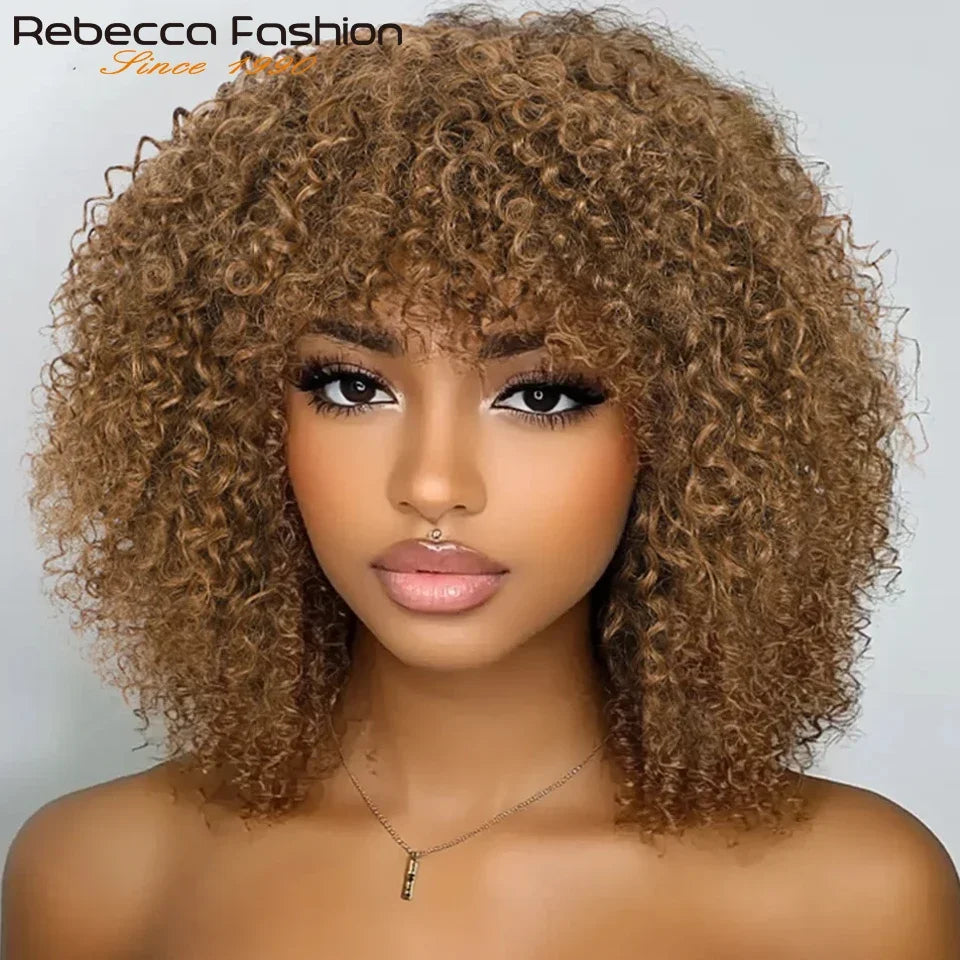 Brazilian Short Curly Human Hair Wig Natural Brown Color Afro Kinky Bangs