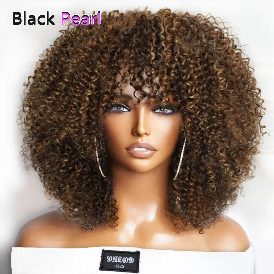 Short Afro Kinky Curly Human Hair Wig with Bangs, Glueless, Full Machine Made, 250% Density, Jerry Curl