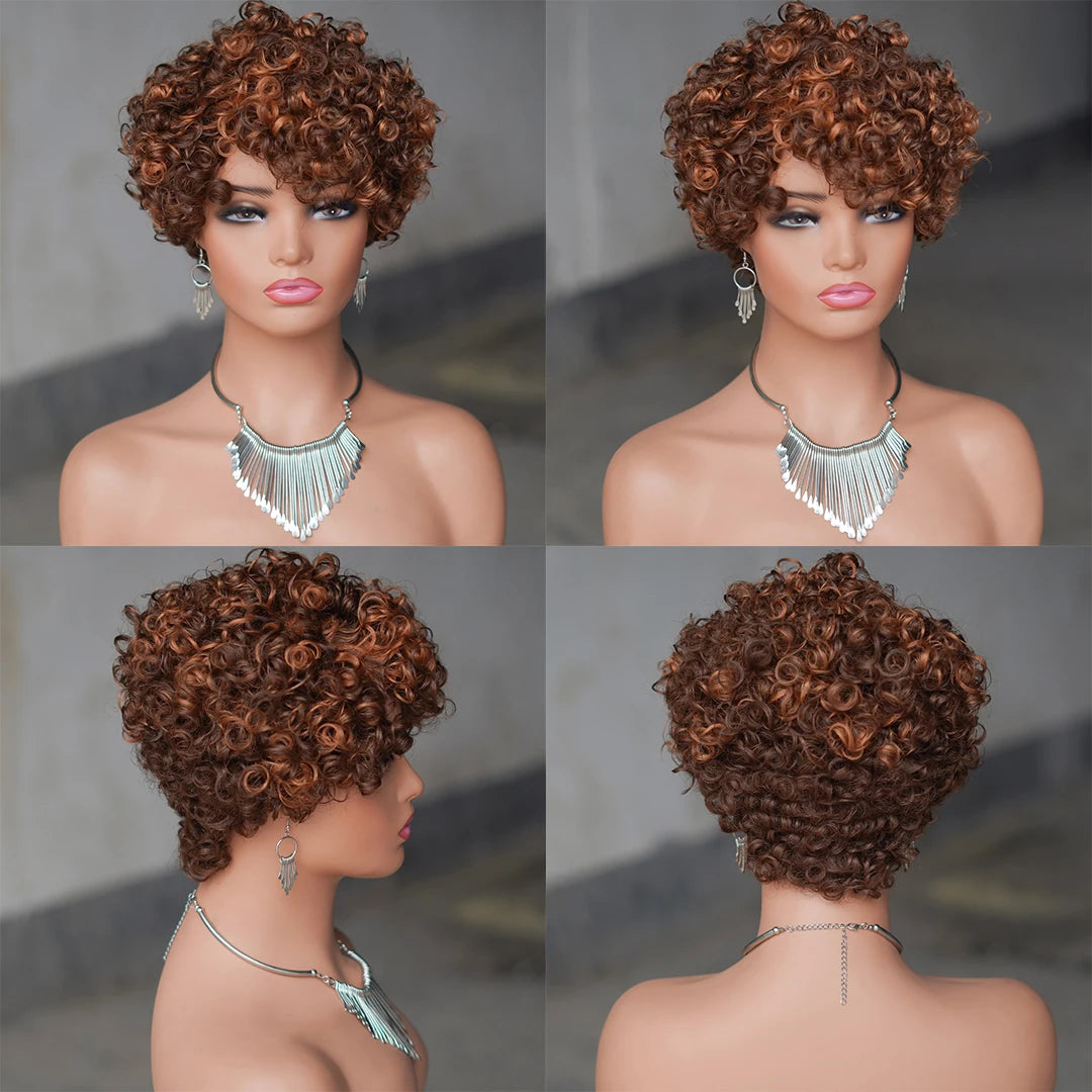 99J Red Rose Curly Short Bob Pixie Cut Human Hair Wig Ombre