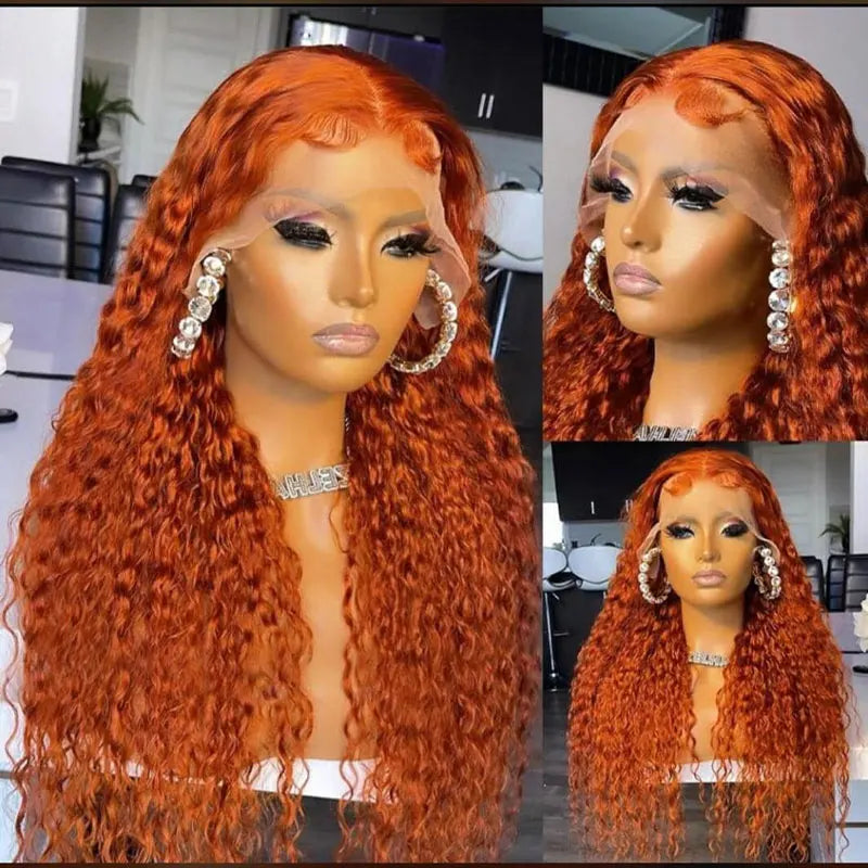 Ginger Water Wave Human Hair Wig, 13x4 Lace Front Brazilian Orange Color