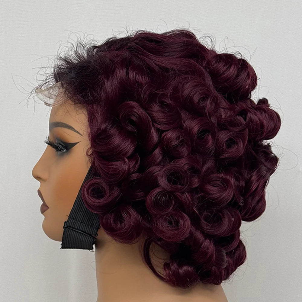 4x4 Lace Closure Wig Short Bouncy Texture Pixie Hair Real Human, 200%