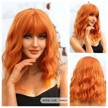 Short Copper Ginger Synthetic Natural Wavy Wigs Hair Orange Halloween Bob Bangs