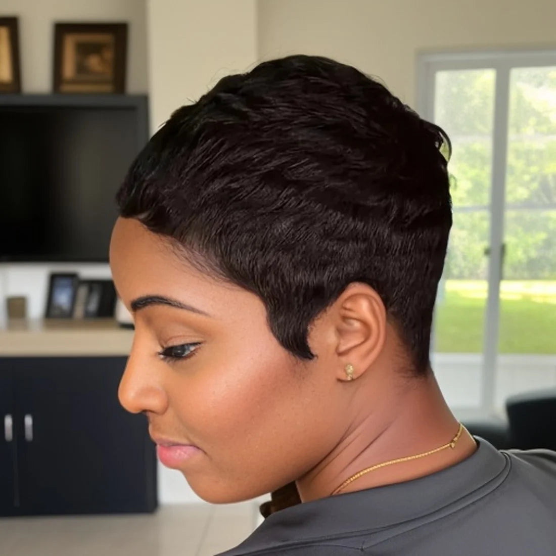 Short Human Hair Wigs Bangs Pixie Full Machine Natural Black Burgundy Brow