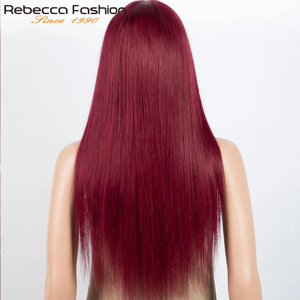 Brazilian Straight Human Hair Wigs Bangs Burgendy Put On Go, 100% Remy