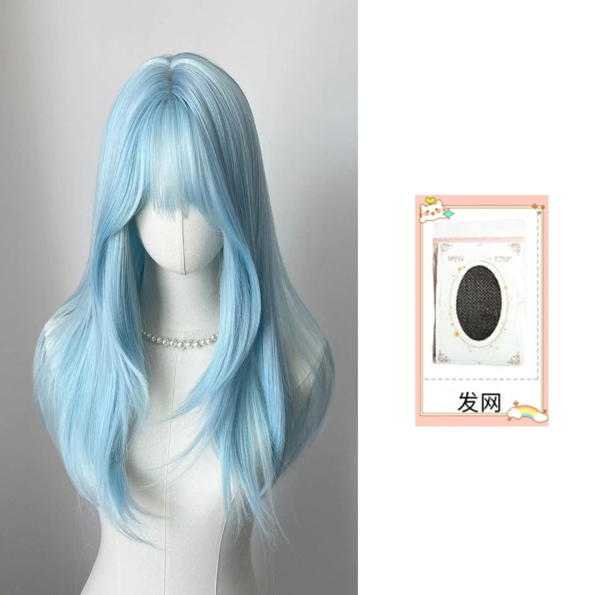 Lce Blue Wig Bangs 22inch Middle Straight Hair Lolita Nature Looking Headband