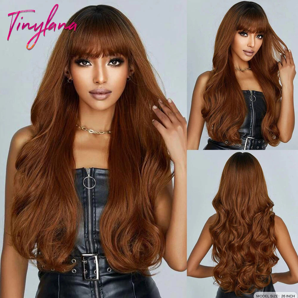 Super Long Black Wavy Synthetic Wigs Bangs Afro Dark Water Wave Halloween