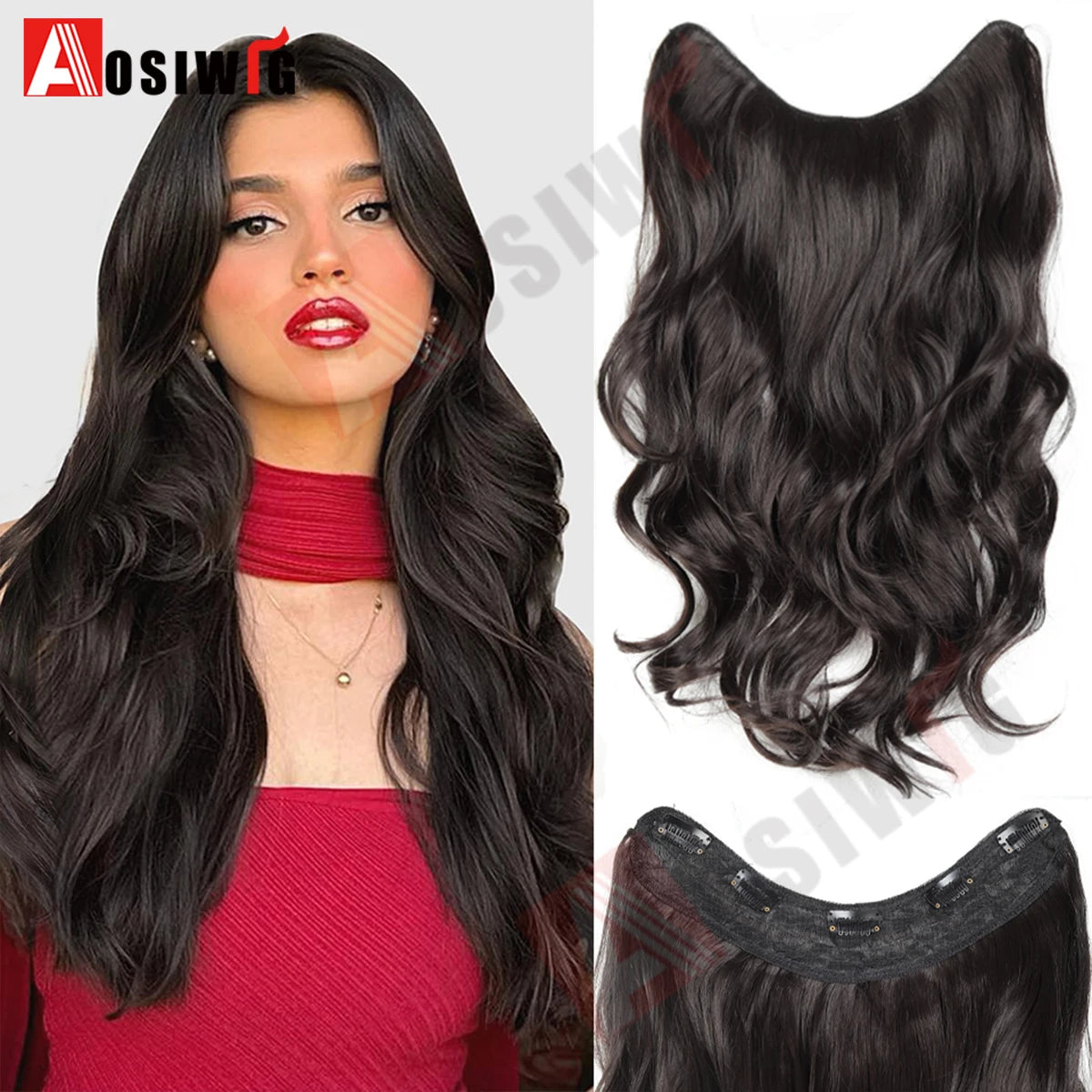20Inch Synthetic Long Wavy Curly 5 Clip in Hair Extension Fashion Invisible V-shaped Heat Resistant Black Hairpiece