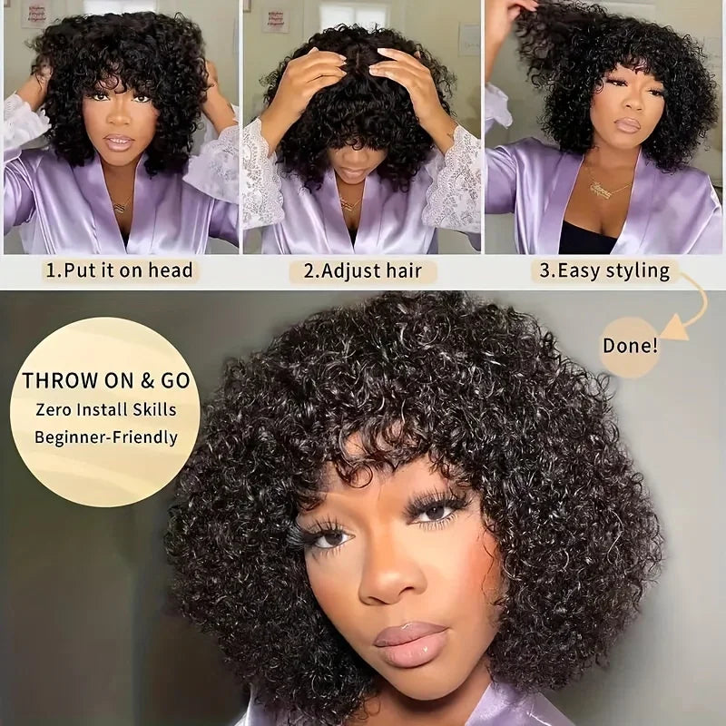 210% Density Curly Human Hair Wigs Bangs Glueless Short Bob Machine Made