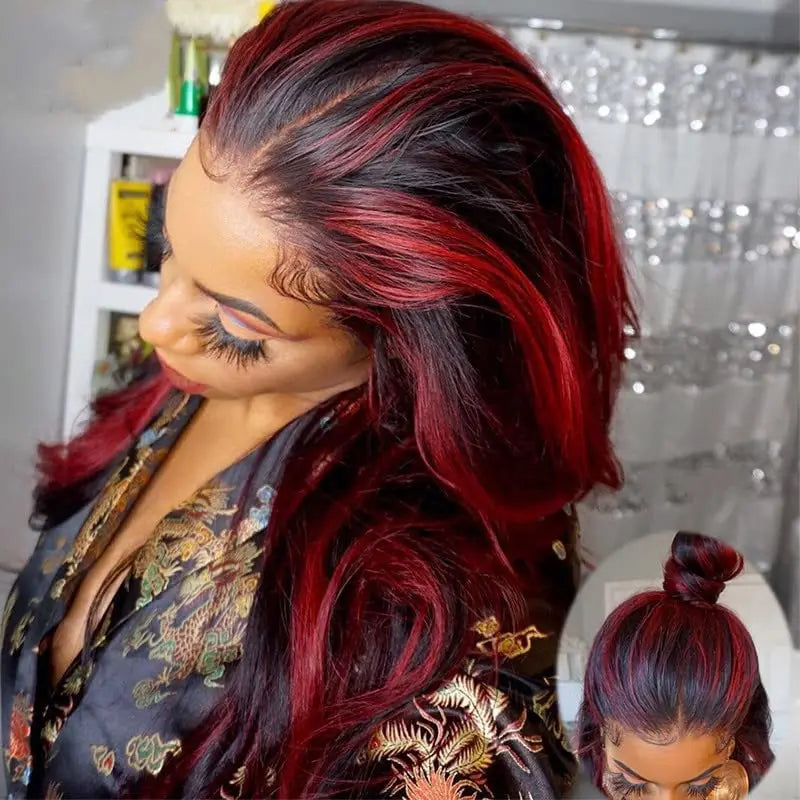 1B/99J Body Wave, 13x4 HD Lace Front Highlight Wig Synthetic Density Ombre