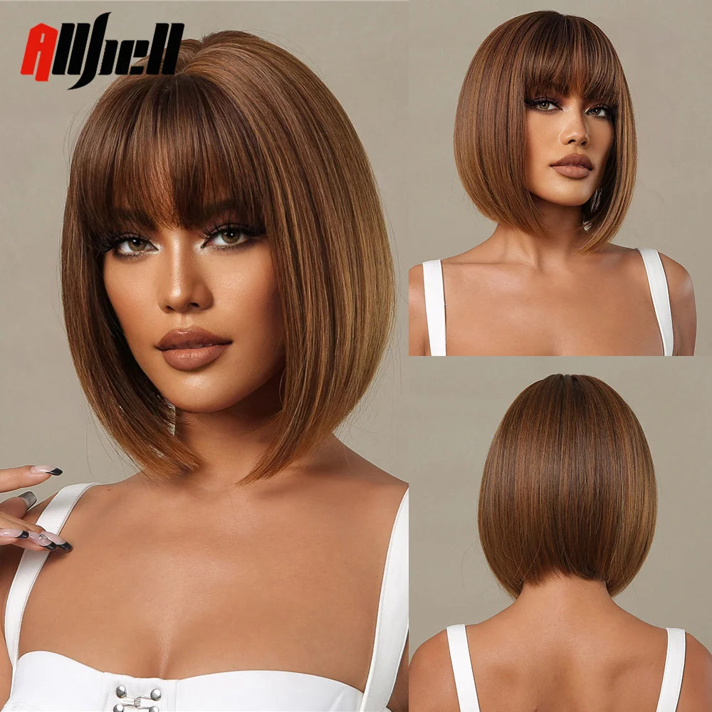 Short Copper Ginger Synthetic Natural Wavy Wigs Hair Orange Halloween Bob Bangs