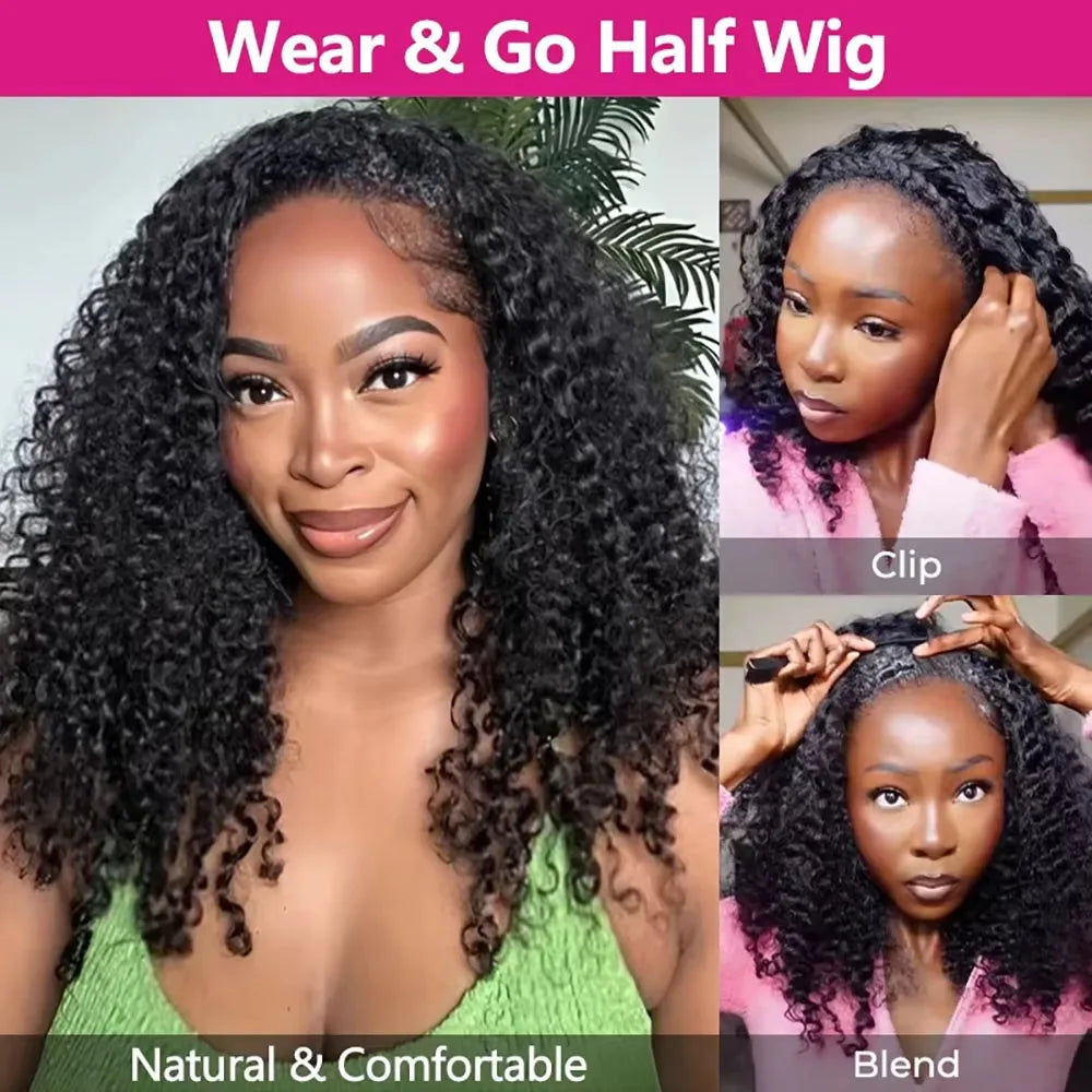 Density Afro Kink Curly Half Wig Human Hair Breathable Machine Made 3In1