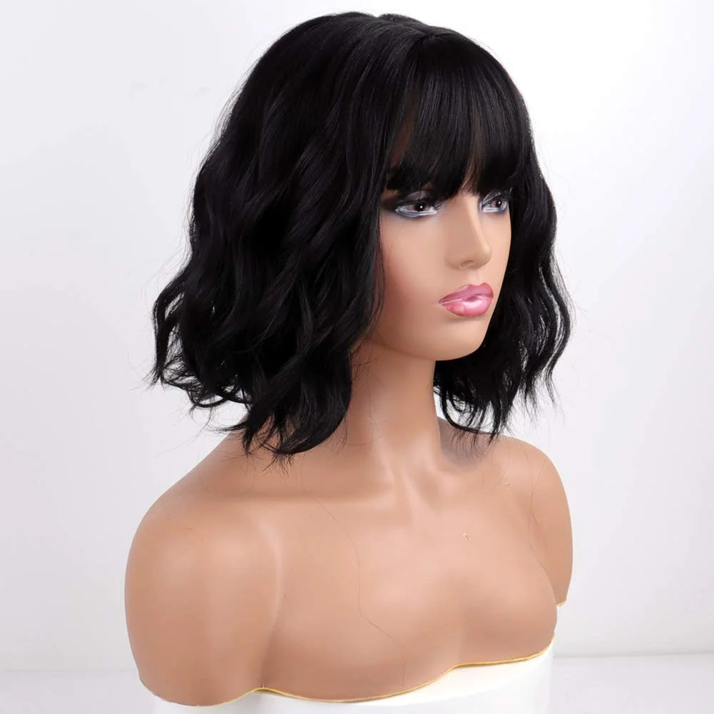 210% Density Curly Human Hair Wigs Bangs Glueless Short Bob Machine Made