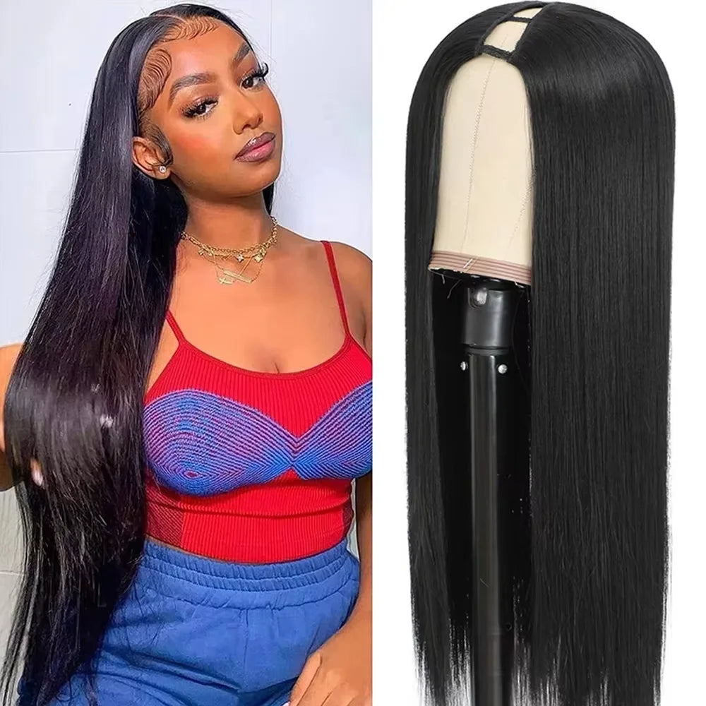 V Part Straight Human Hair Wig, Brazilian Remy, No Leave Out, 220% Density