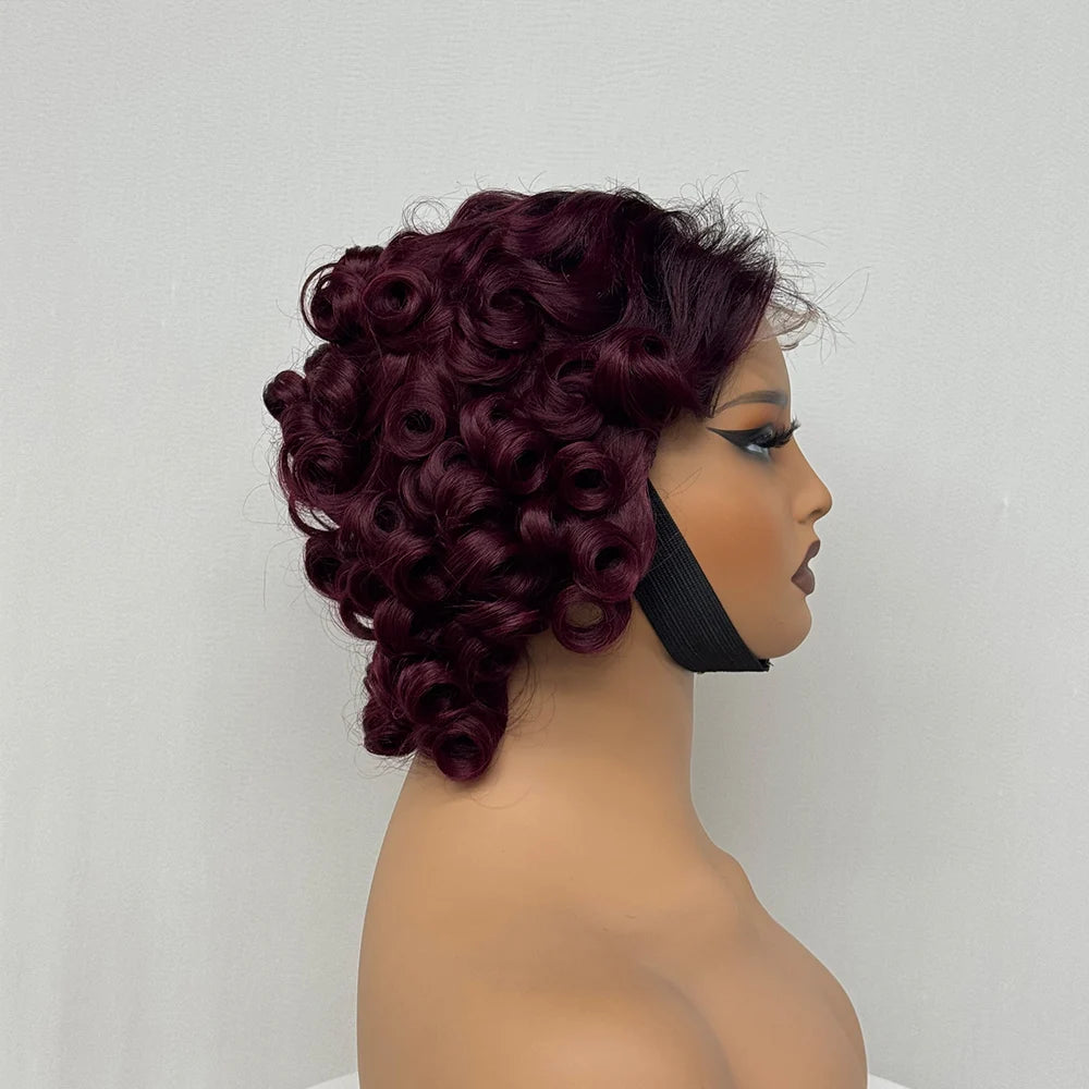 4x4 Lace Closure Wig Short Bouncy Texture Pixie Hair Real Human, 200%