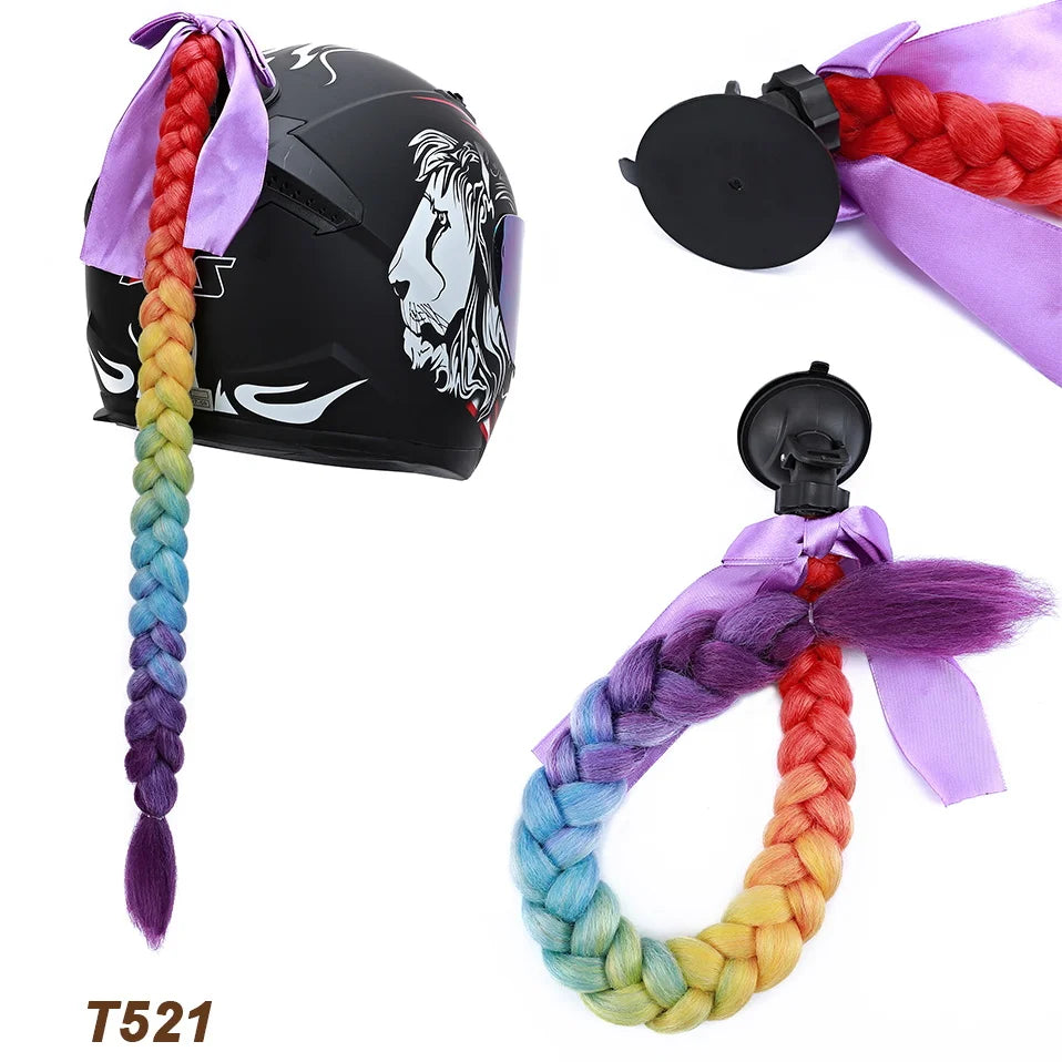Synthetic Helmet Pigtails Gradient Ramp Braids Ponytail Hair Suction Cup Bowknot Motor