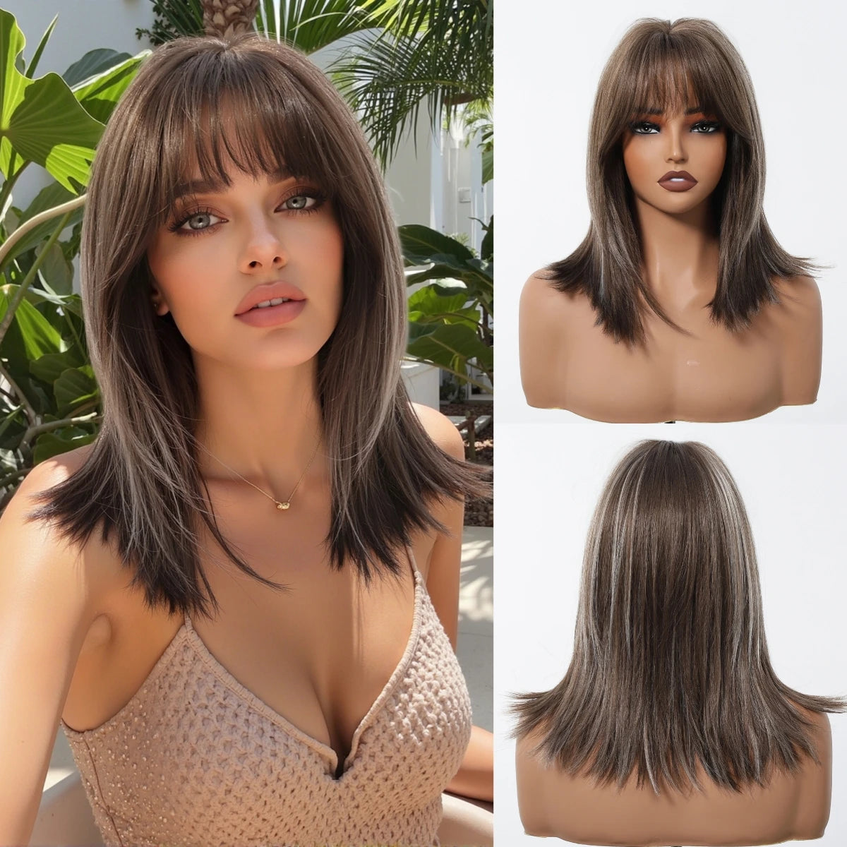 Blonde Straight Synthetic Wigs Bang Medium Length Natural Hair Daily Cosplay Heat