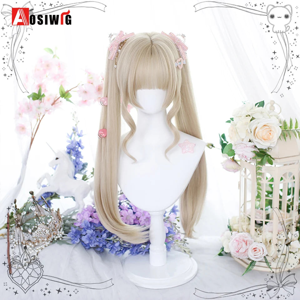 Blonde Twin Ponytail Princess Cut Natural Short Hair Synthetic Wigs Bangs Heat