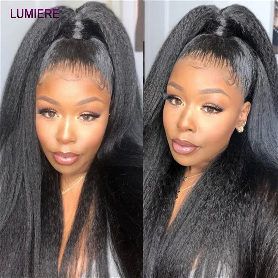 Kinky Yaki Straight Human Hair Bundles Closure Frontal HD Transparent Brazilian Deep