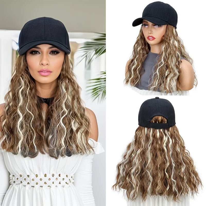 Synthetic Baseball Cap Wig Natural Wave Hair Extensions Hat Heat Resistant Black