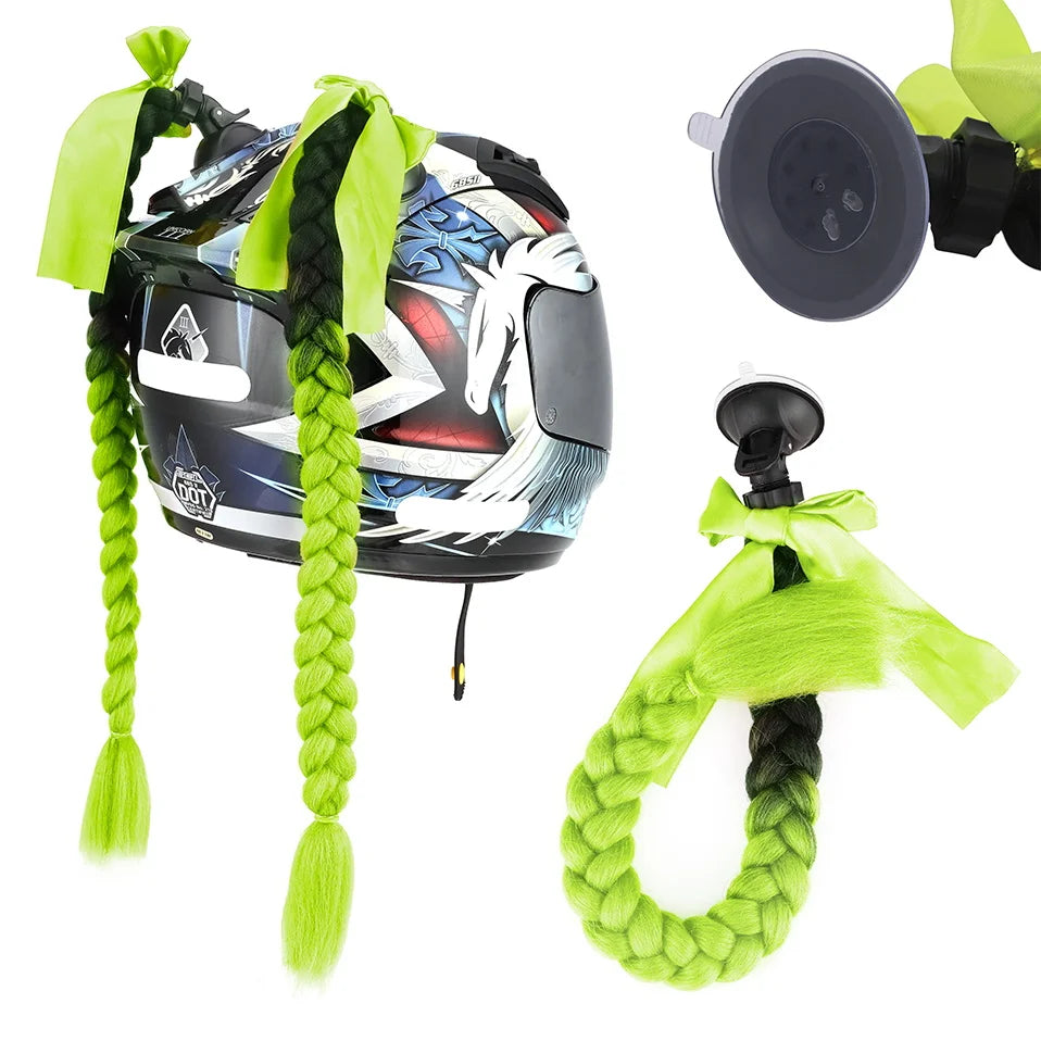 Synthetic Helmet Pigtails Gradient Ramp Braids Ponytail Hair Suction Cup Bowknot Motor