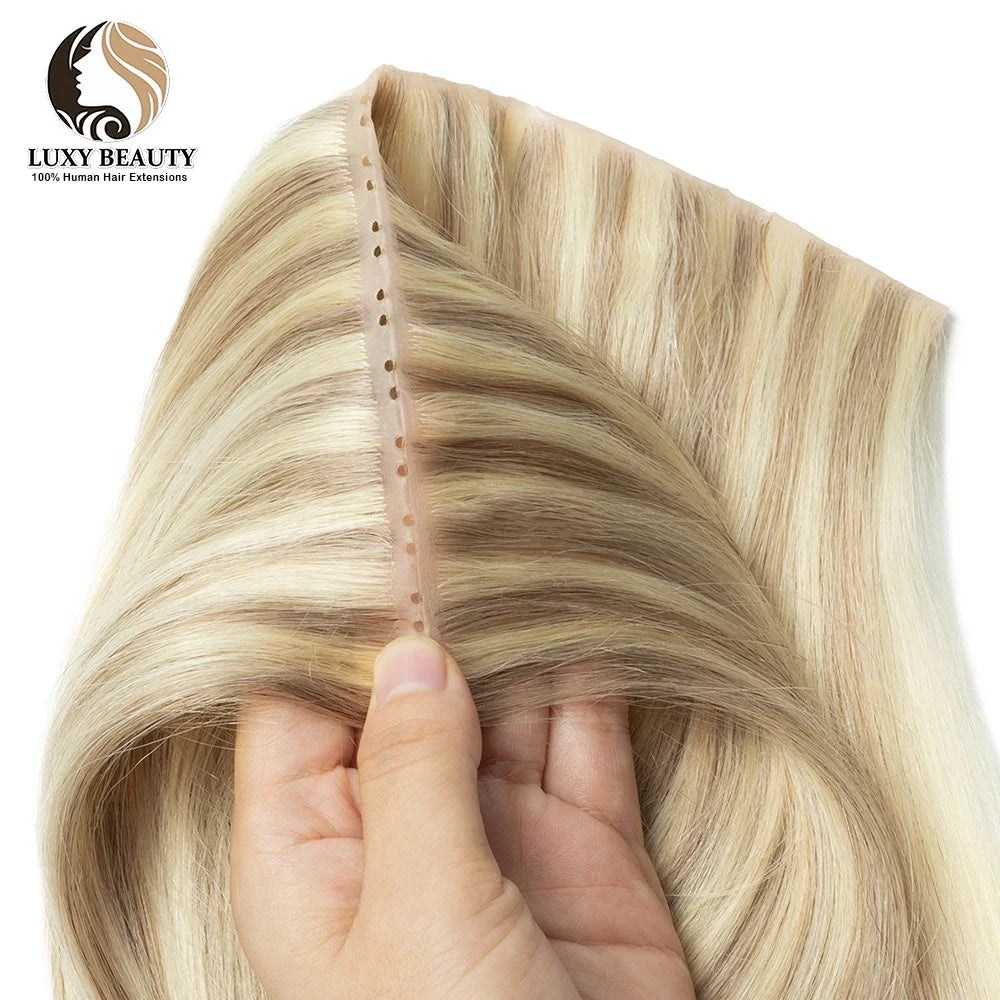 Blonde Invisible Skin Weft Inject Human Hair Extensions Straight Twin Tab Natural