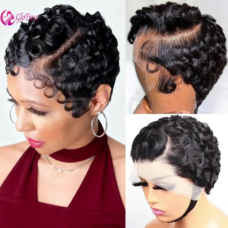 Curly Pixie Cut 13x4 Lace Front Wig, Human Hair, Short Layered Glueless Wig, Pre Plucked with Bangs, Natural Black