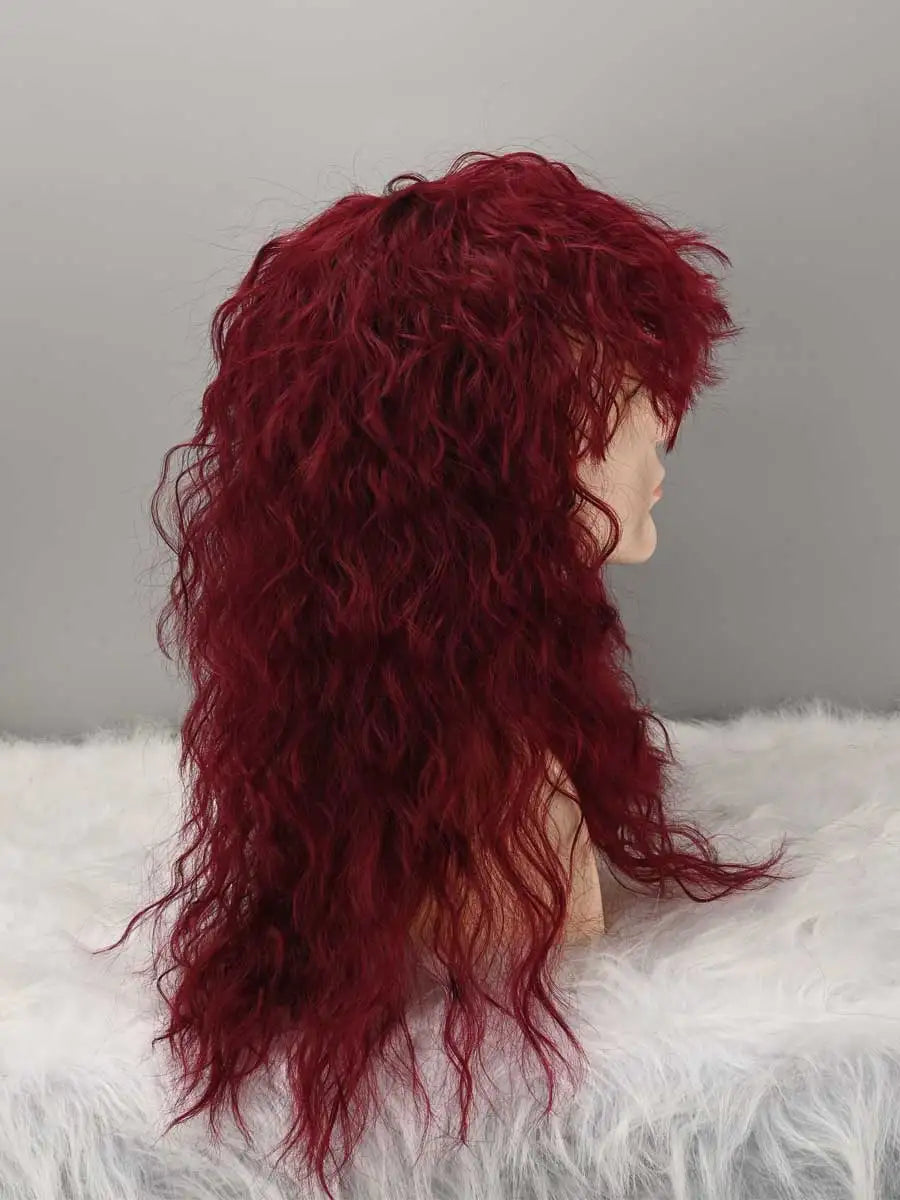 Long Curly Wine Red Gradient White Wig 70s 80s Rocker Mullet Party