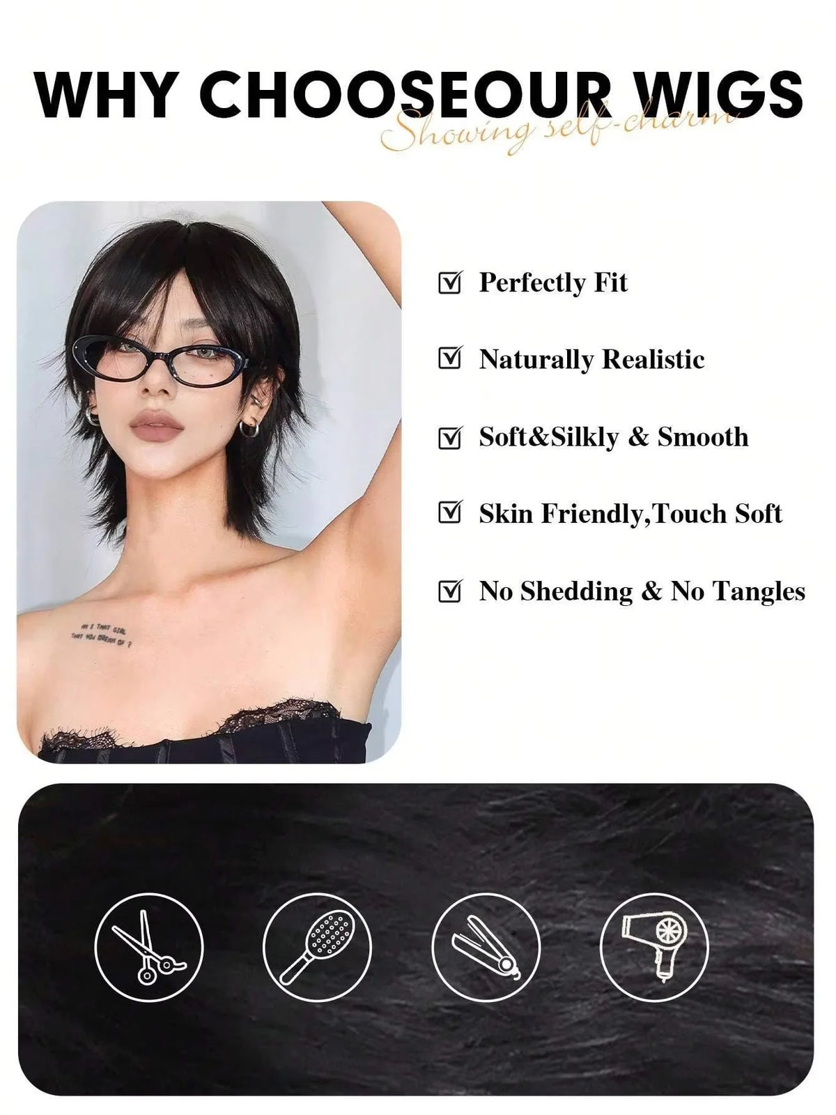 Short Salmon Head Wig Bangs Women's Straight Black Synthetic Party Elf Cut