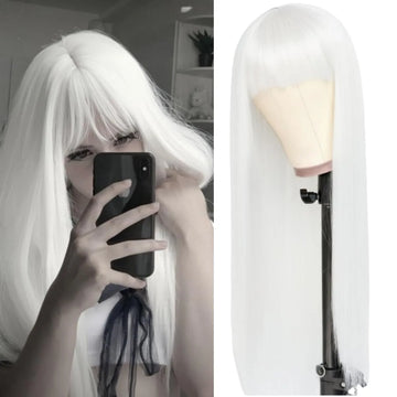 White Straight Synthetic Wig for Halloween Cosplay and Daily Wear, Heat Resistant