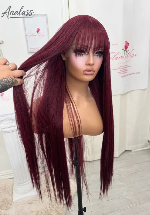 99J Burgundy Red Bone Straight Lace Front Wig Bangs, 13x4 HD Pre