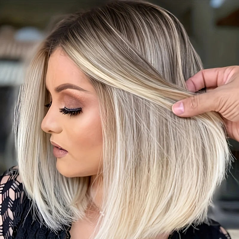 Ombre Blonde Bob Wig Short Straight Brown Highlights Synthetic Natural Hair Cosplay