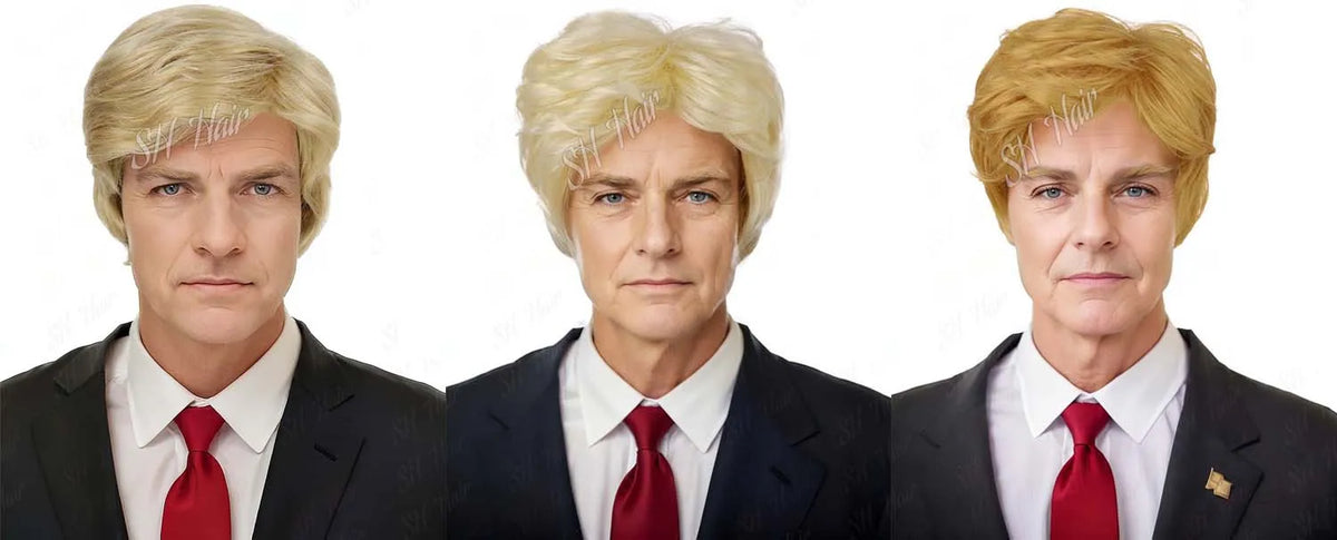 Synthetic Blonde Costume Wig + Flag Pin Red Tie Adults Layered Cosplay