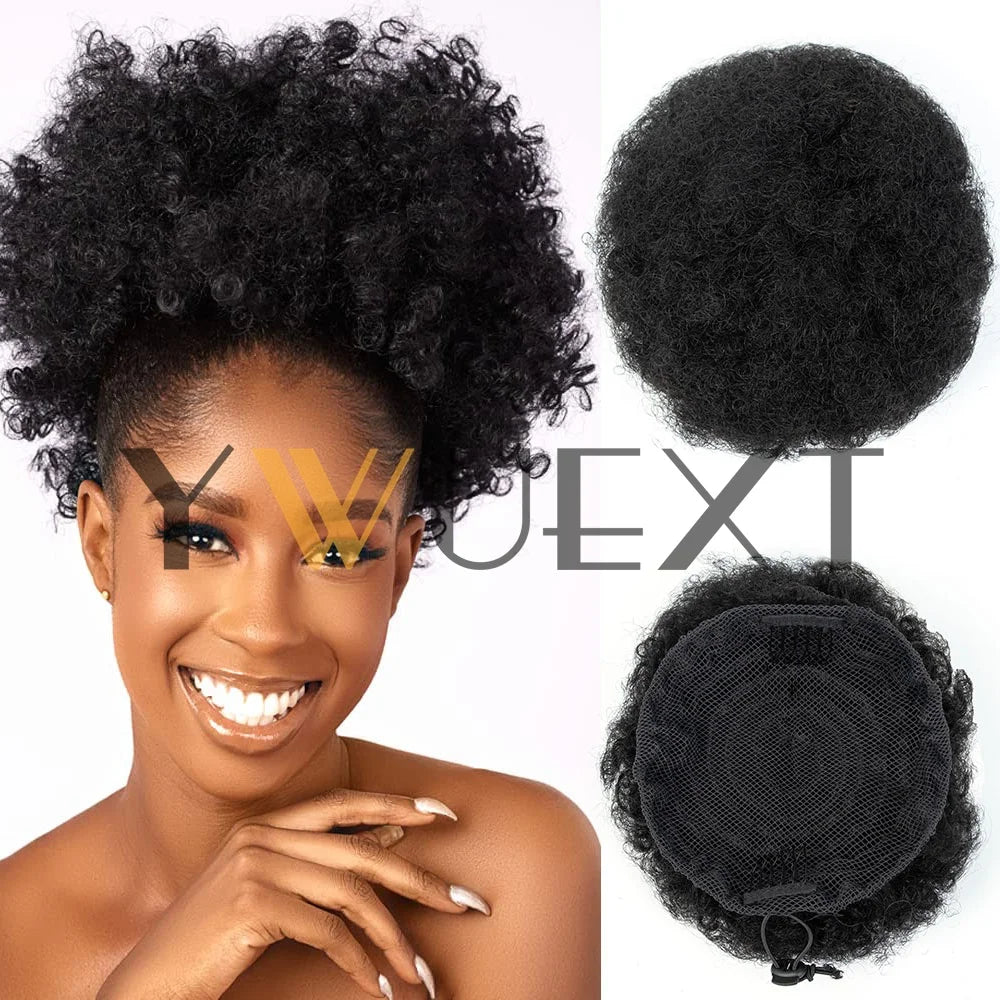 Afro Puff Ponytail 4-6 Human Hair Extensions Clip On Kinky Drawstring Curly