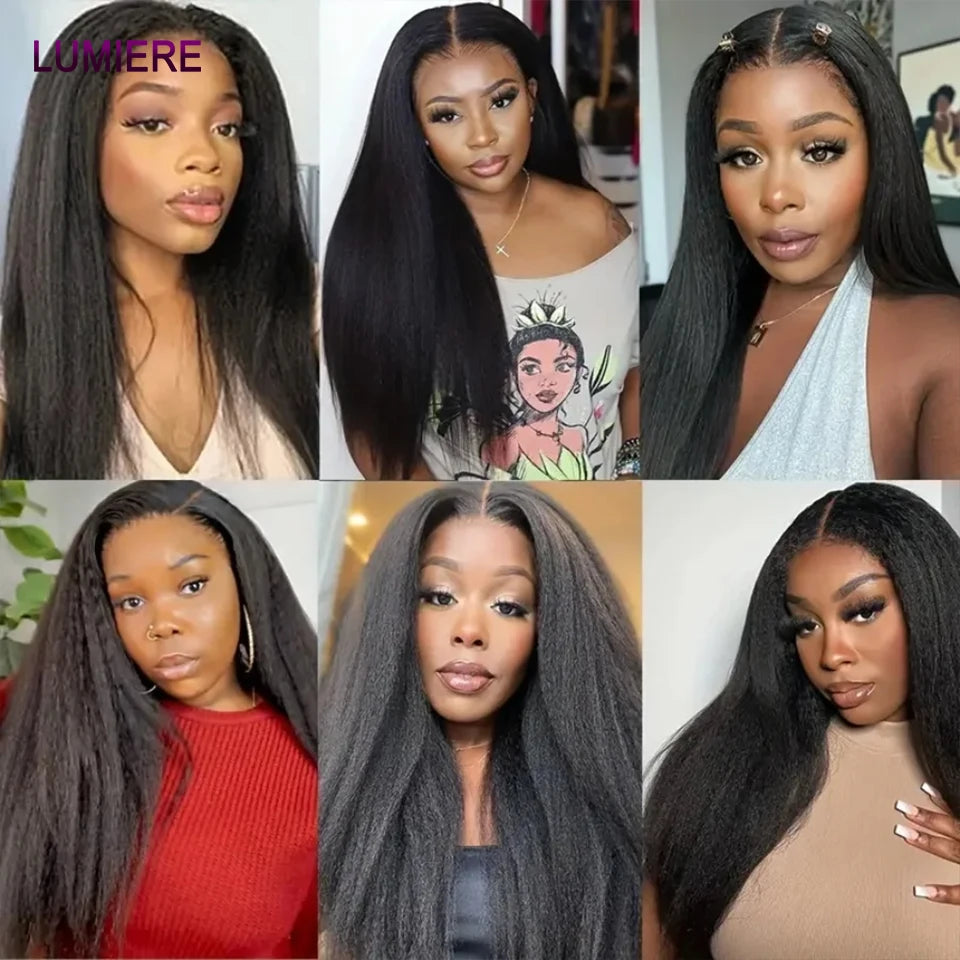 Kinky Yaki Straight Human Hair Bundles Closure Frontal HD Transparent Brazilian Deep