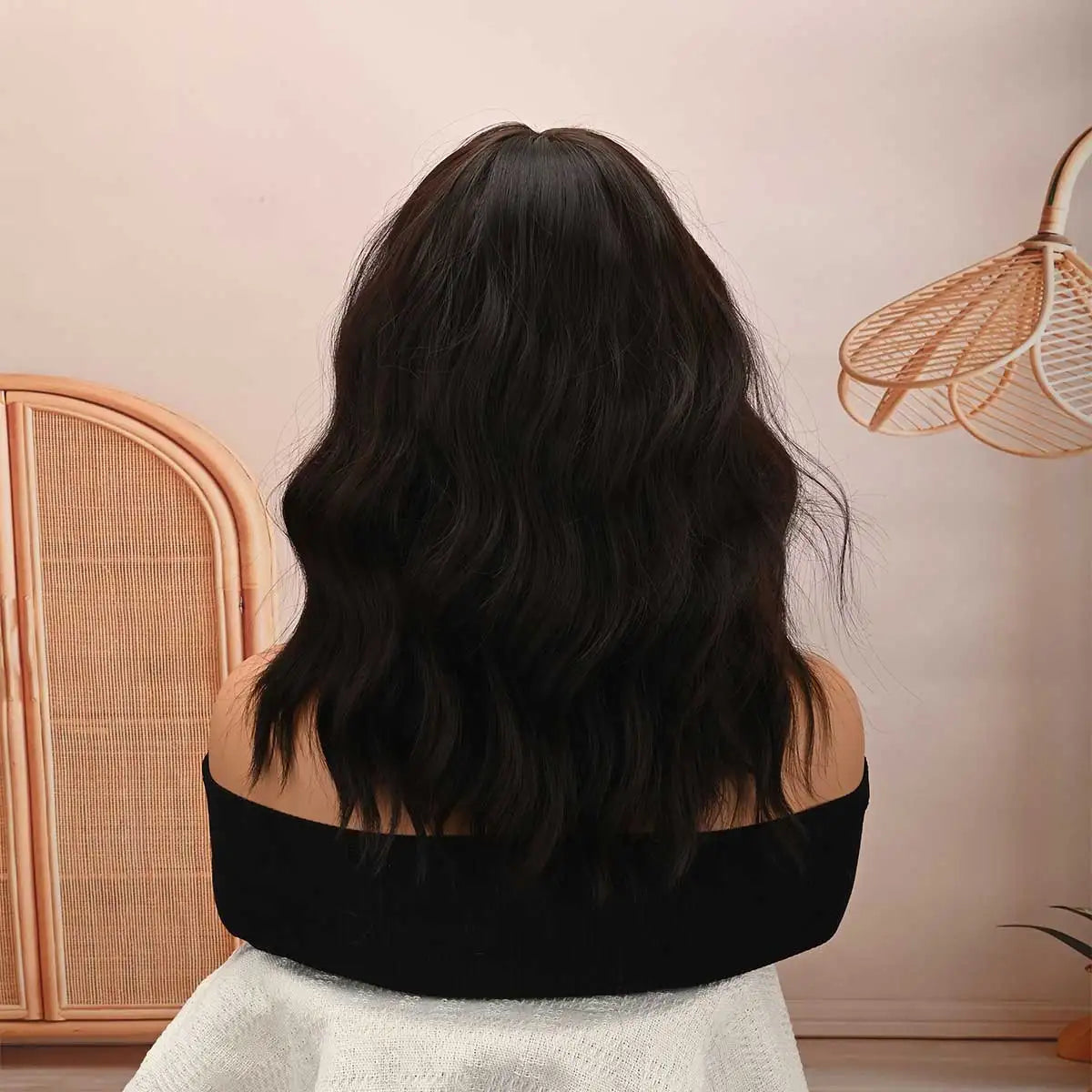Dark Brown Wavy Bob Wig Bangs Heat‑resistant Synthetic Glueless Natural Looking Daily