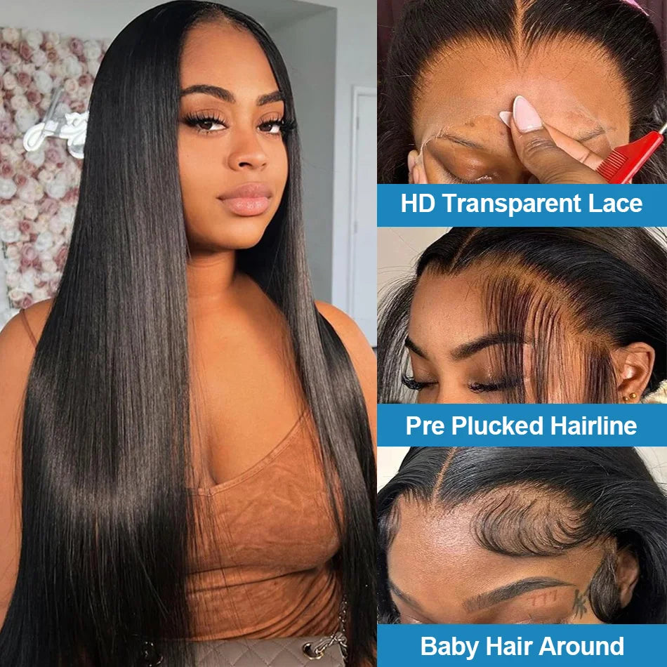 Bone Straight Wigs Human Hair HD Lace Frontal, 13x6 Natural Black Front